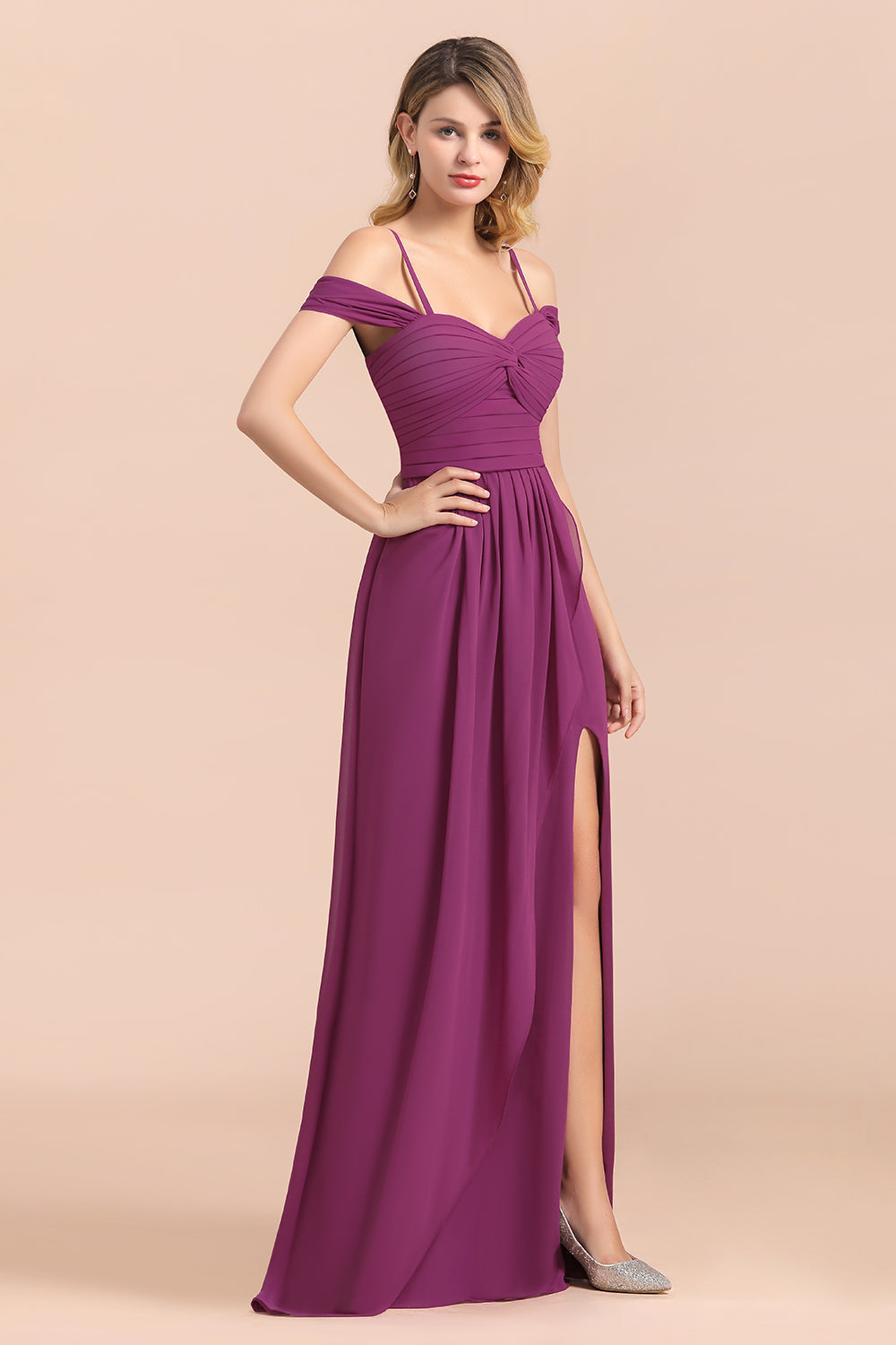 Gorgeous Off-the-Shoulder Ruffle Orchid Bridesmaid Dresses with Slit