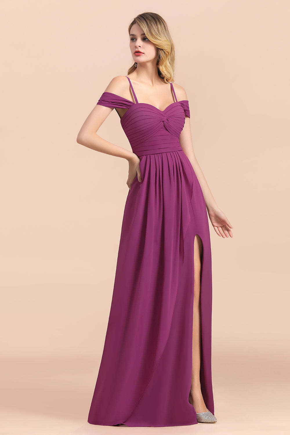 Gorgeous Off-the-Shoulder Ruffle Orchid Bridesmaid Dresses with Slit