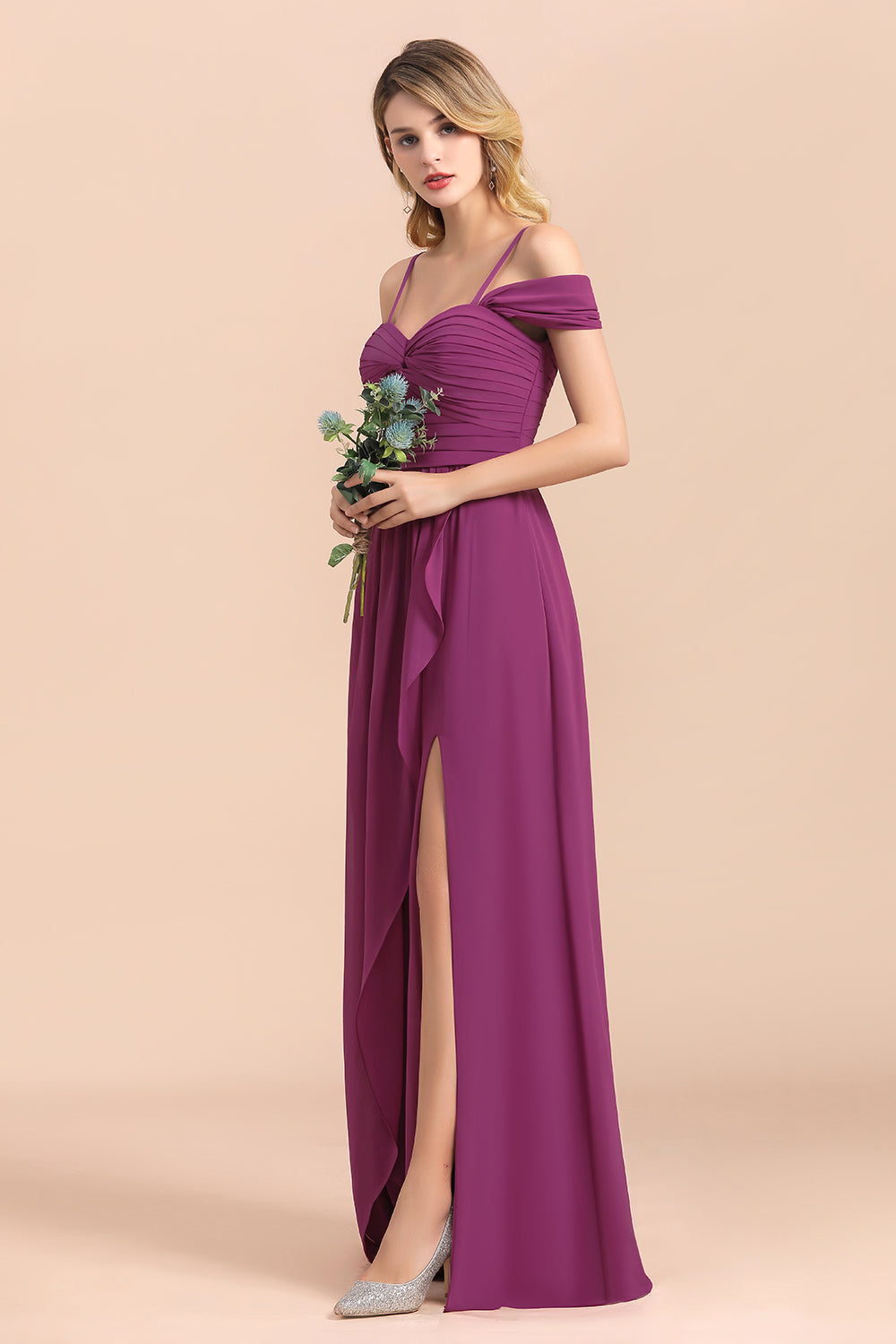 Gorgeous Off-the-Shoulder Ruffle Orchid Bridesmaid Dresses with Slit