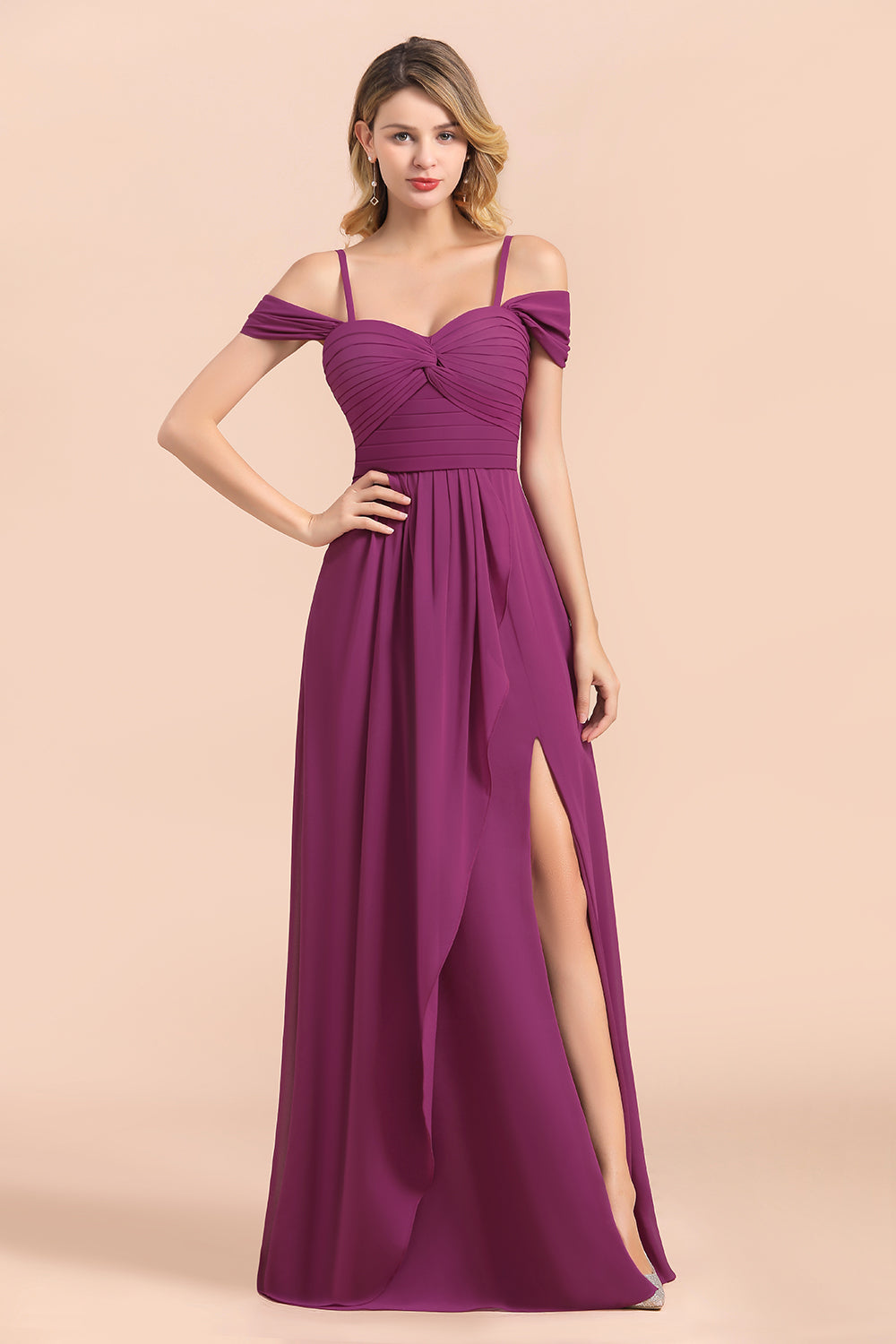 Gorgeous Off-the-Shoulder Ruffle Orchid Bridesmaid Dresses with Slit