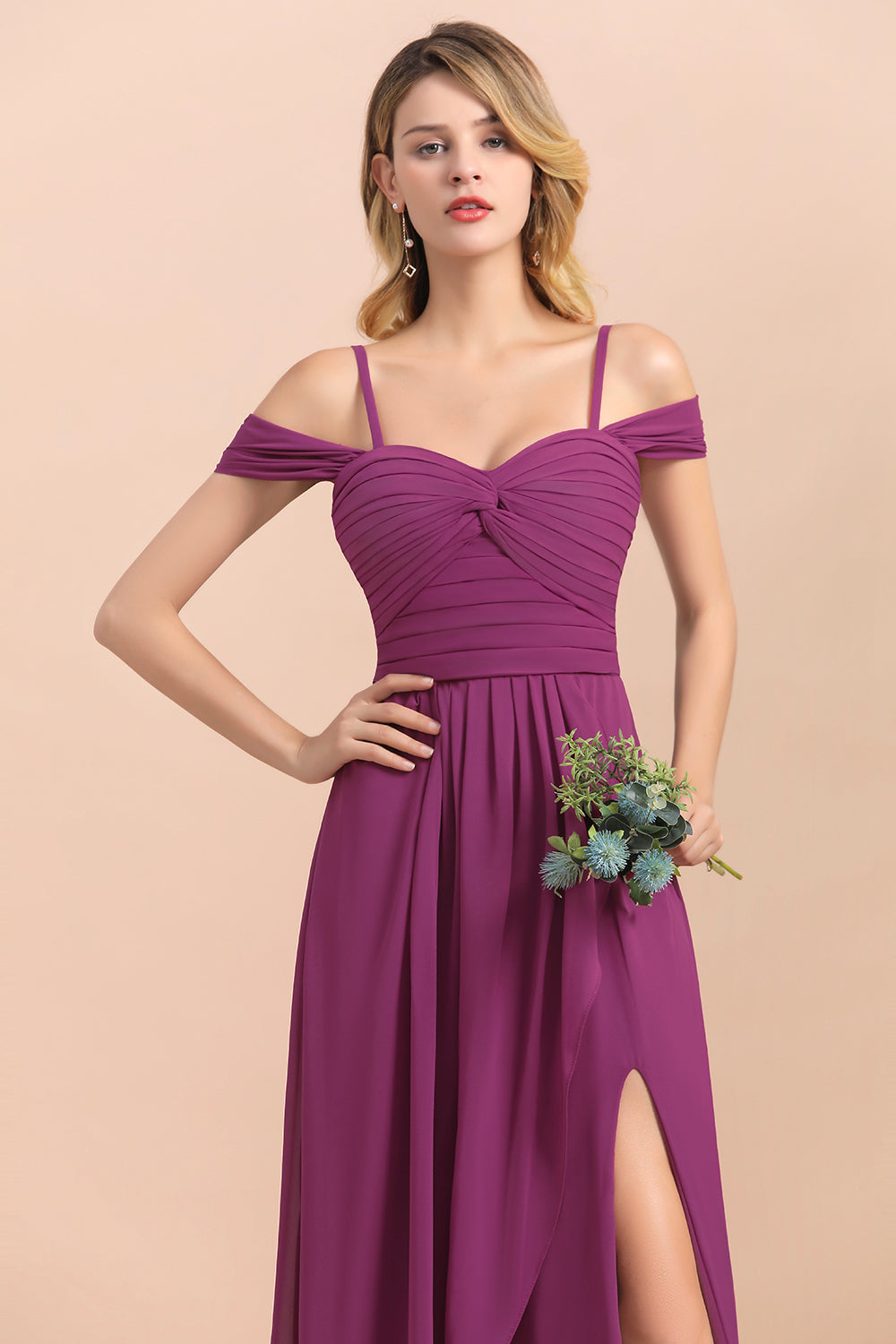 Gorgeous Off-the-Shoulder Ruffle Orchid Bridesmaid Dresses with Slit