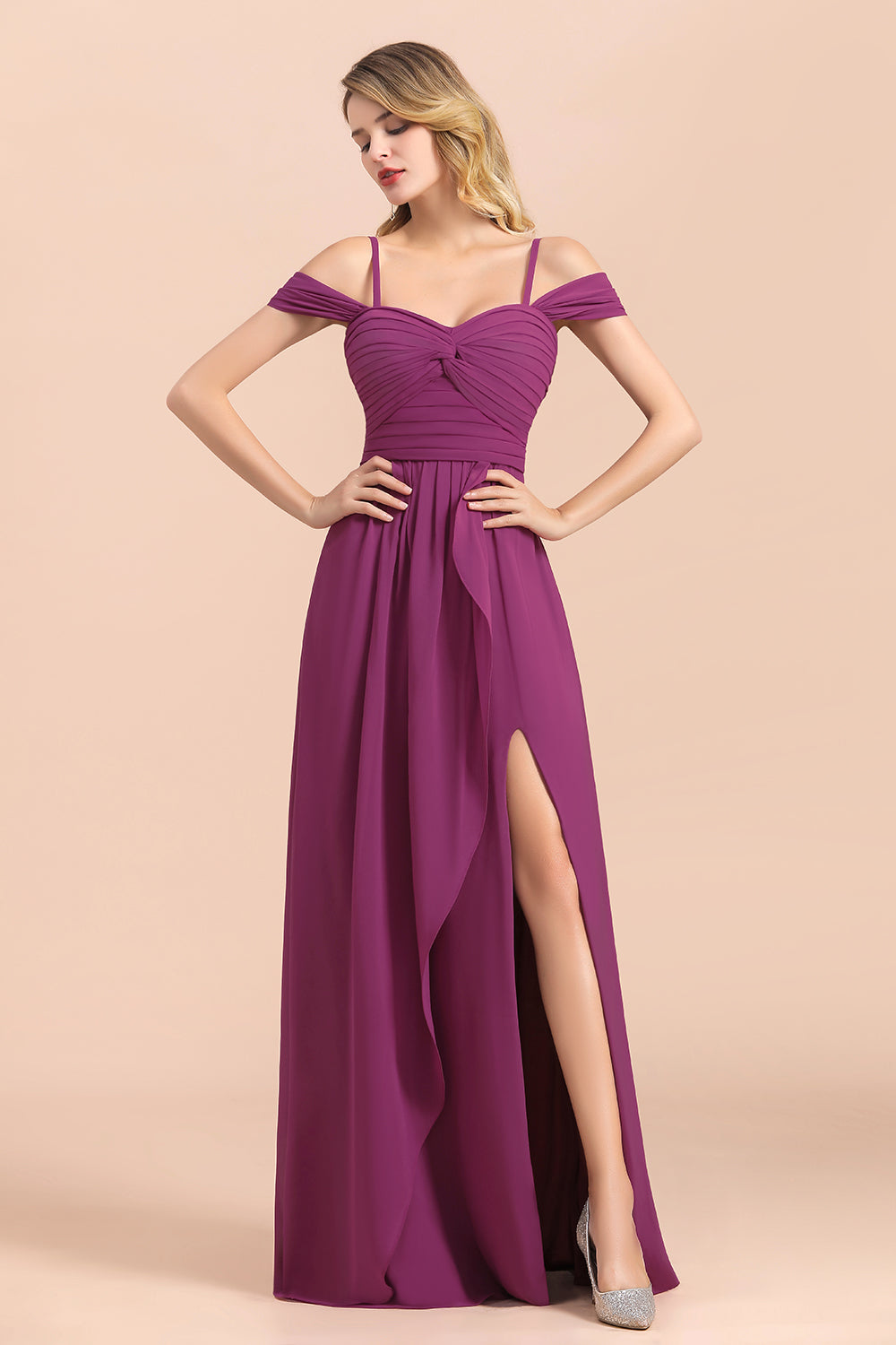 Gorgeous Off-the-Shoulder Ruffle Orchid Bridesmaid Dresses with Slit