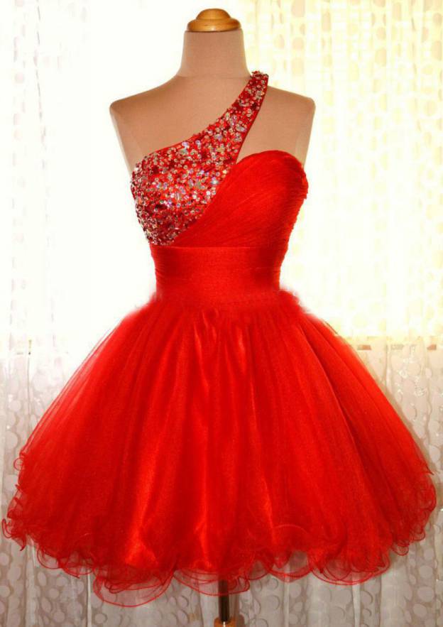 Gorgeous One-Shoulder Elegant A-line Homecoming Dress with Beading and Short Hem