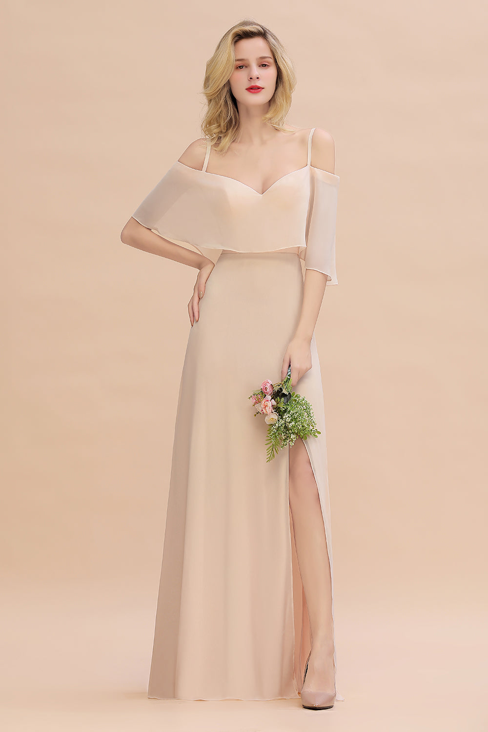 Gorgeous Spaghetti Straps Flounced Crinkle Affordable Bridesmaid dresses with Slit - Fashionpara