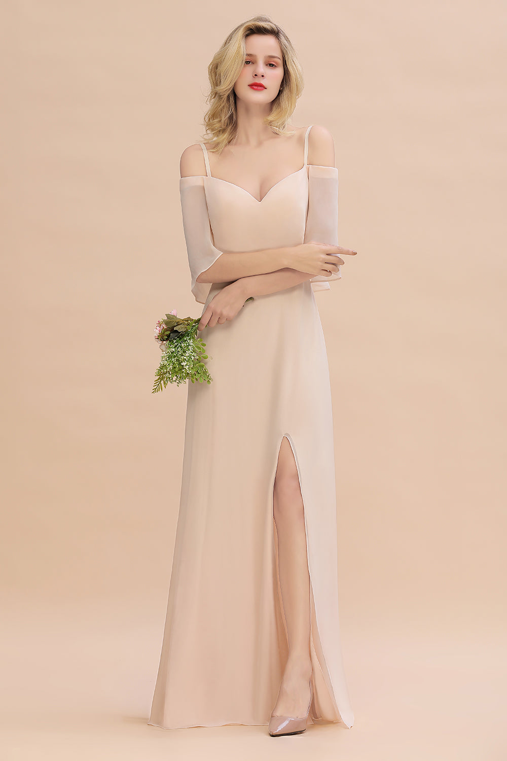 Gorgeous Spaghetti Straps Flounced Crinkle Affordable Bridesmaid dresses with Slit - Fashionpara