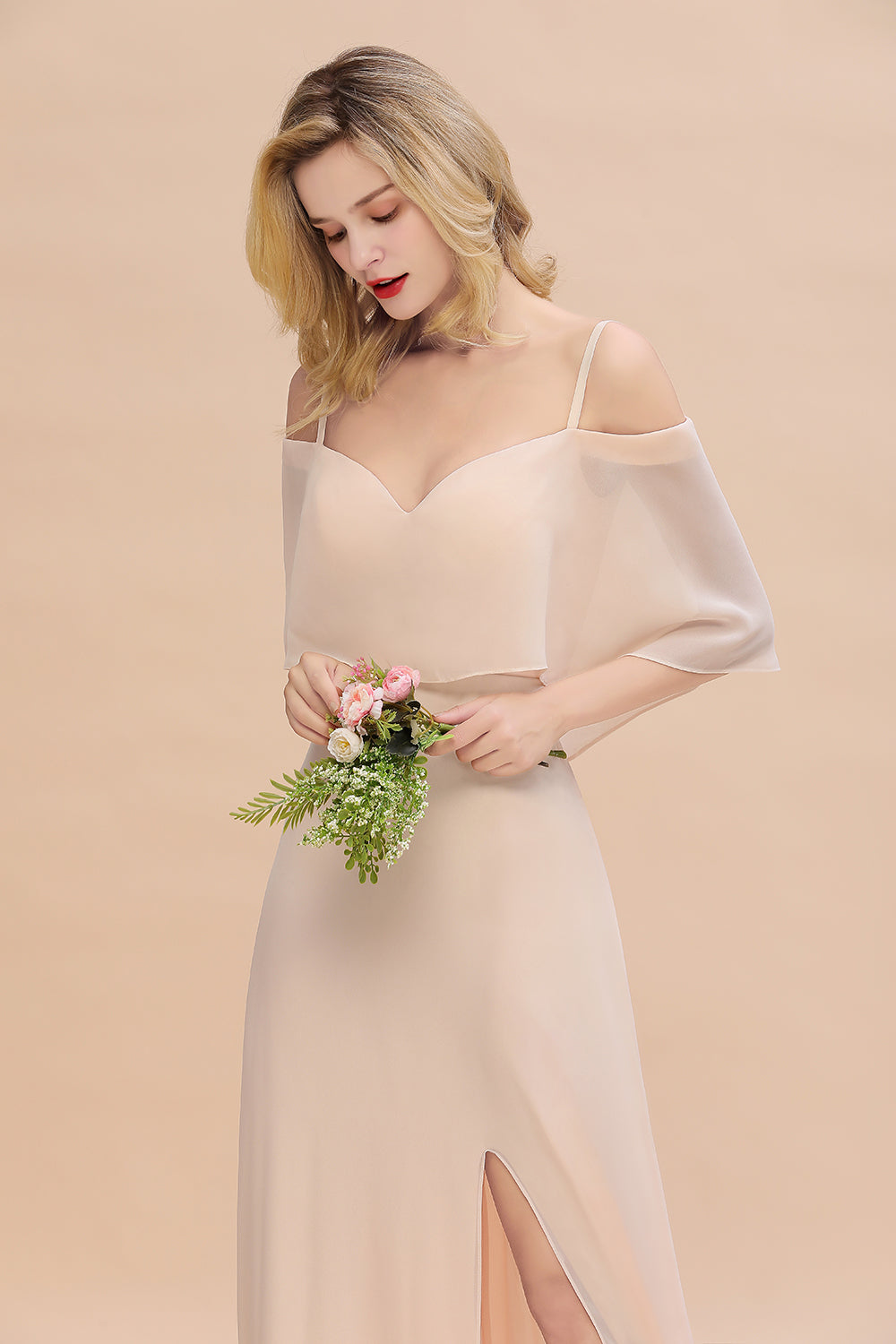 Gorgeous Spaghetti Straps Flounced Crinkle Affordable Bridesmaid dresses with Slit - Fashionpara