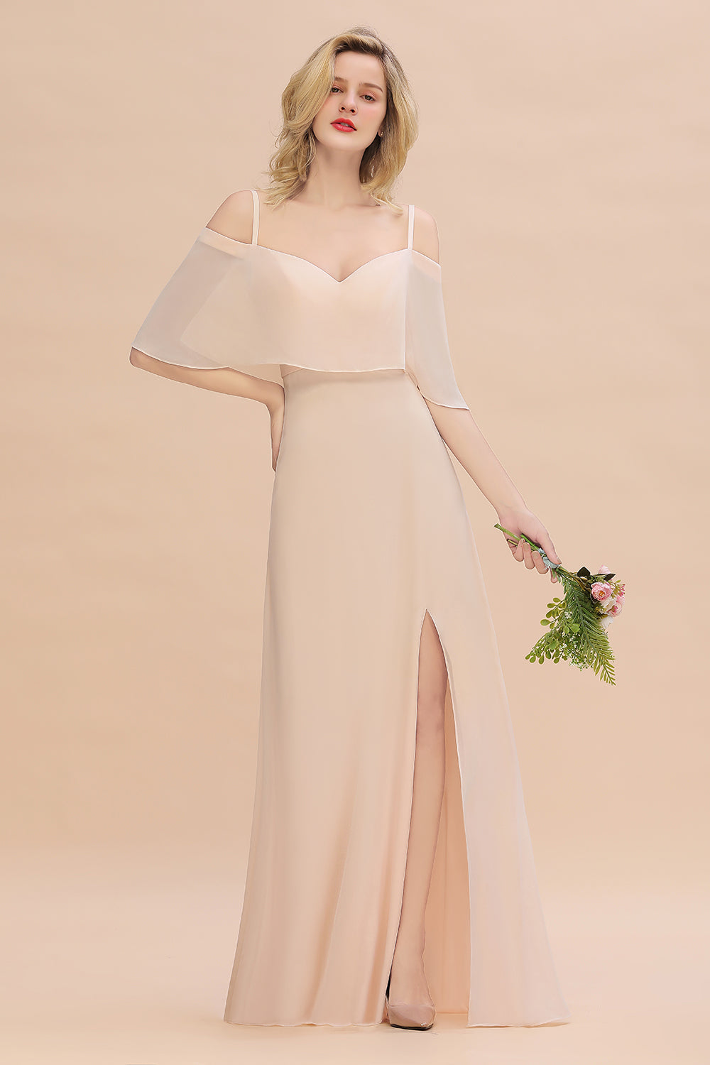 Gorgeous Spaghetti Straps Flounced Crinkle Affordable Bridesmaid dresses with Slit - Fashionpara