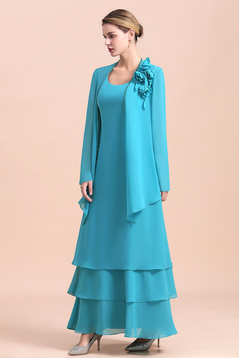 Gorgeous Square Neck Flowers Layers Mother of Bride Dress with Long Wraps - Fashionpara