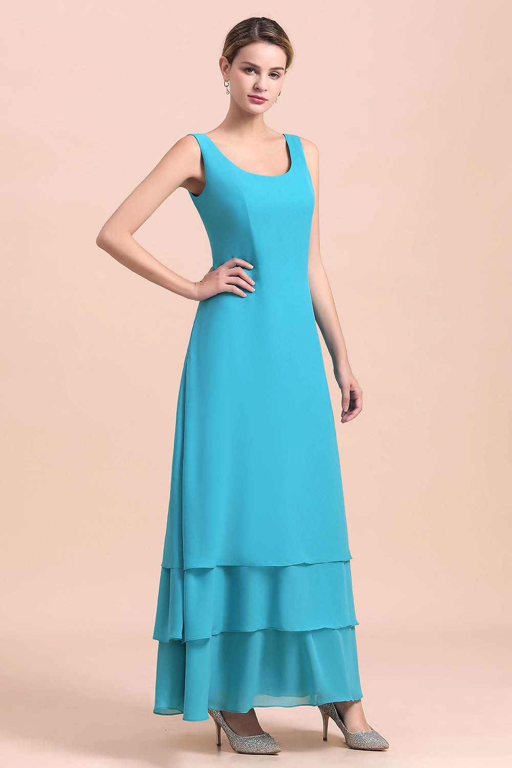 Gorgeous Square Neck Flowers Layers Mother of Bride Dress with Long Wraps - Fashionpara