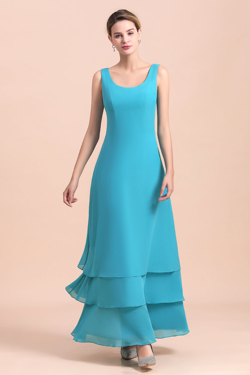 Gorgeous Square Neck Flowers Layers Mother of Bride Dress with Long Wraps - Fashionpara