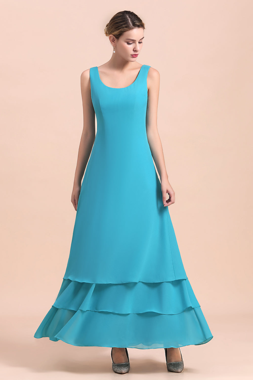 Gorgeous Square Neck Flowers Layers Mother of Bride Dress with Long Wraps - Fashionpara