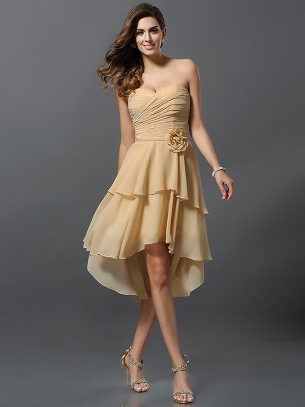 Gorgeous Sweetheart Hand-Made Flower Sleeveless High Low Chiffon Bridesmaid Dresses