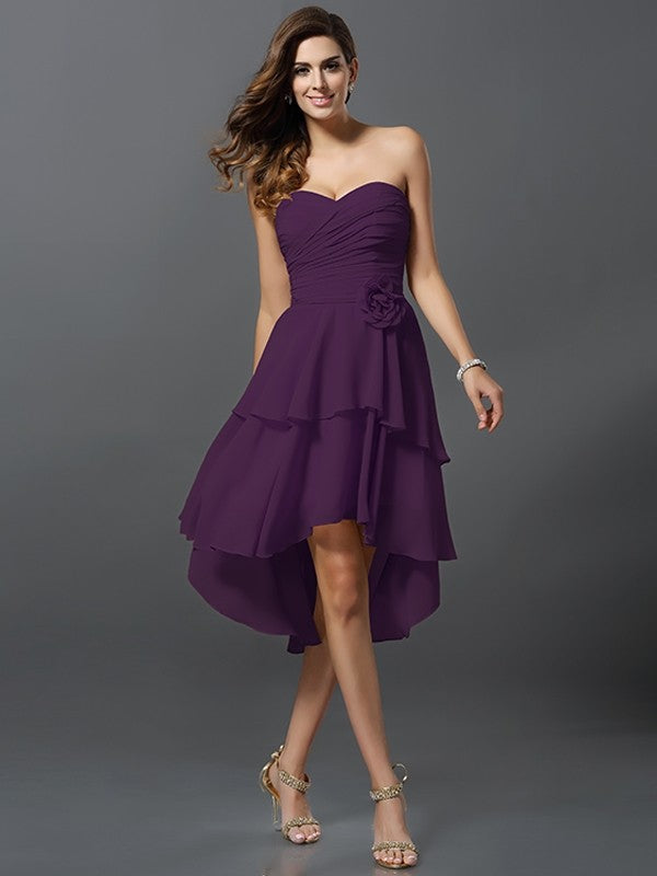 Gorgeous Sweetheart Hand-Made Flower Sleeveless High Low Chiffon Bridesmaid Dresses