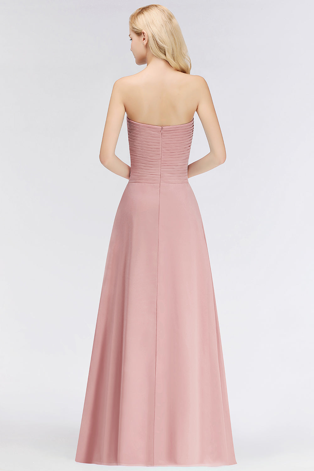 Gorgeous Sweetheart Ruched Long Bridesmaid Dresses Dusty Rose Chiffon Strapless Maid of Honor Dress - Fashionpara