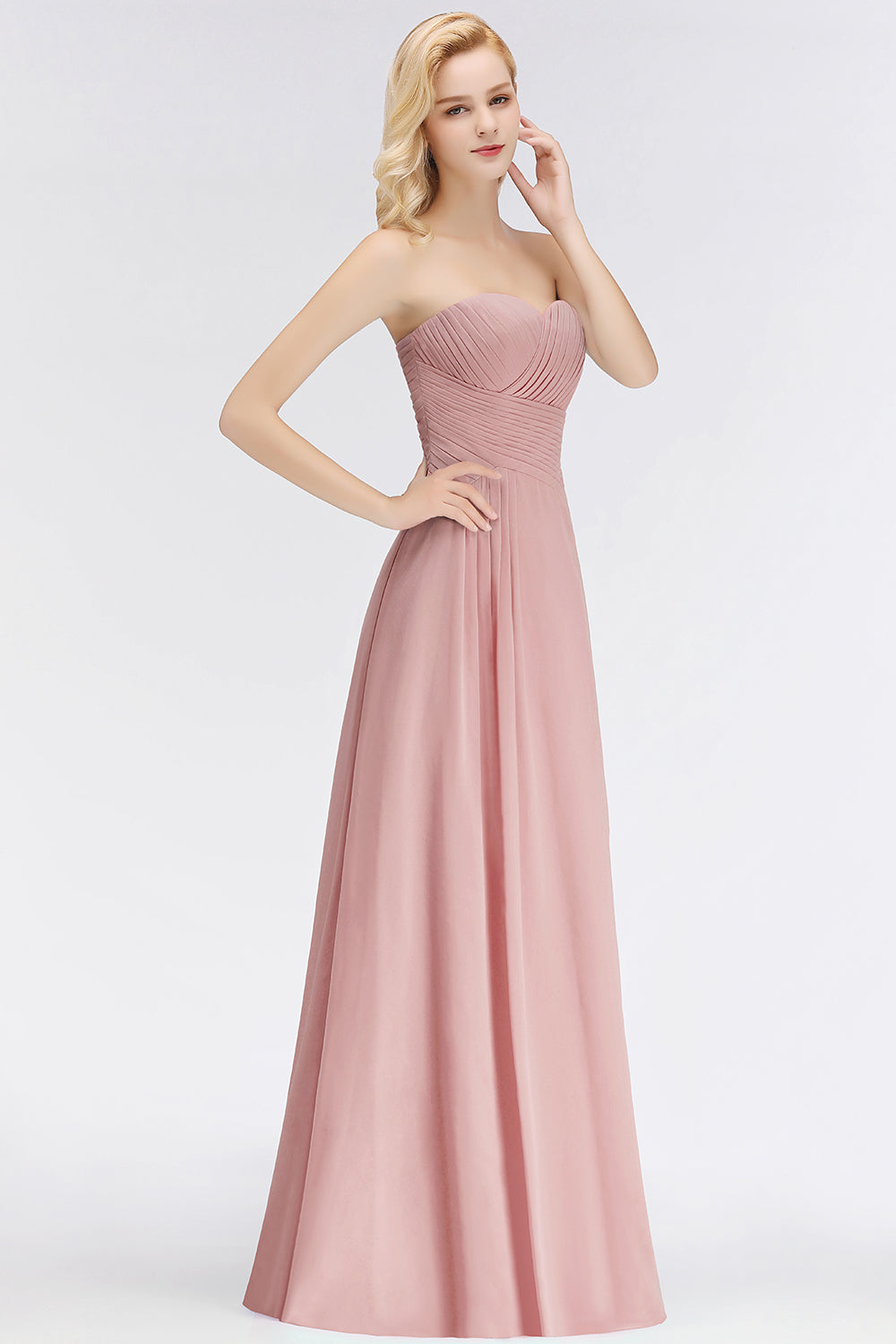 Gorgeous Sweetheart Ruched Long Bridesmaid Dresses Dusty Rose Chiffon Strapless Maid of Honor Dress - Fashionpara