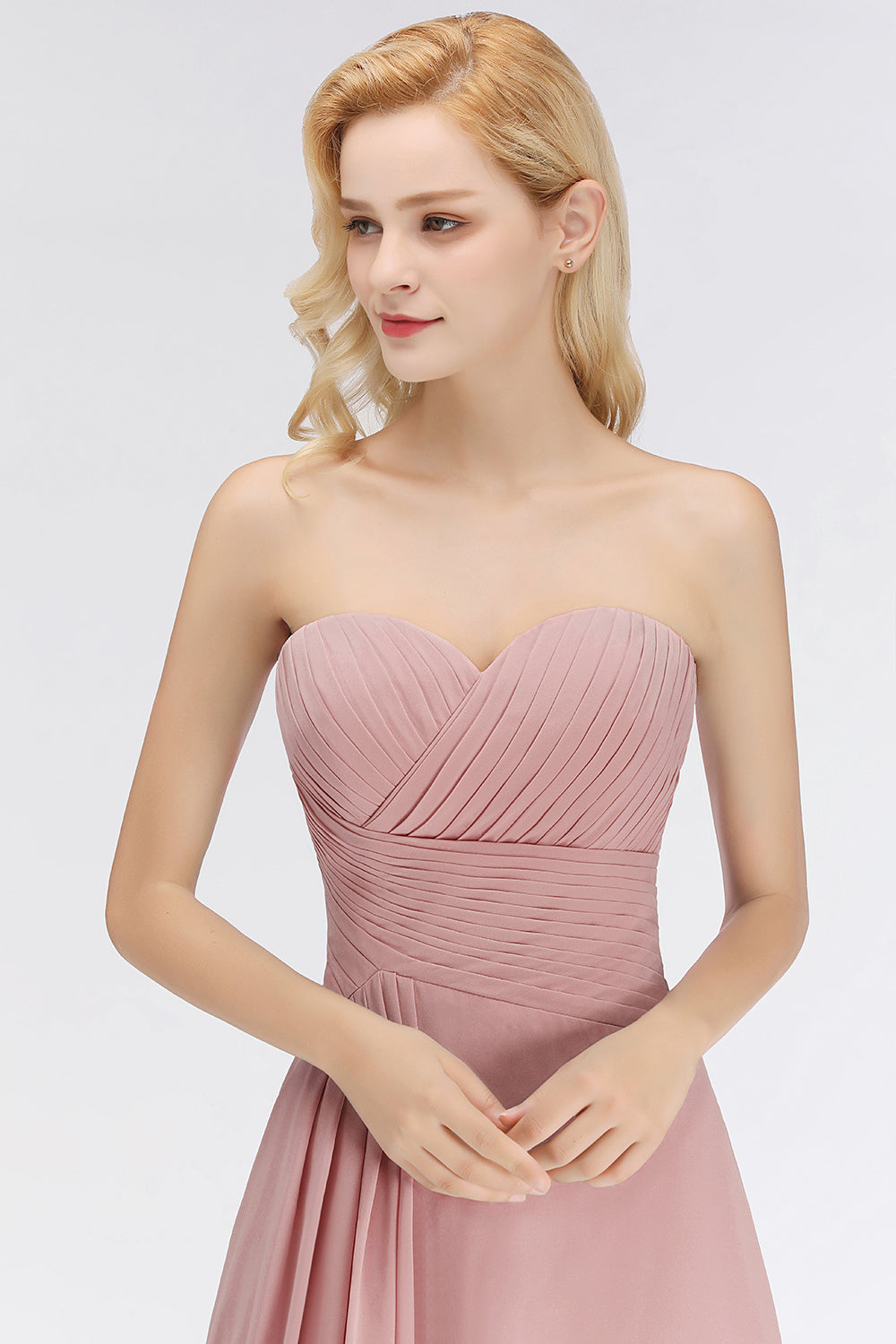 Gorgeous Sweetheart Ruched Long Bridesmaid Dresses Dusty Rose Chiffon Strapless Maid of Honor Dress - Fashionpara