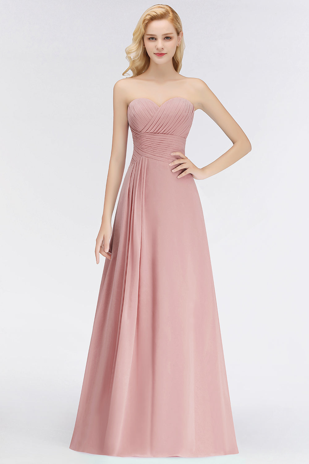 Gorgeous Sweetheart Ruched Long Bridesmaid Dresses Dusty Rose Chiffon Strapless Maid of Honor Dress - Fashionpara