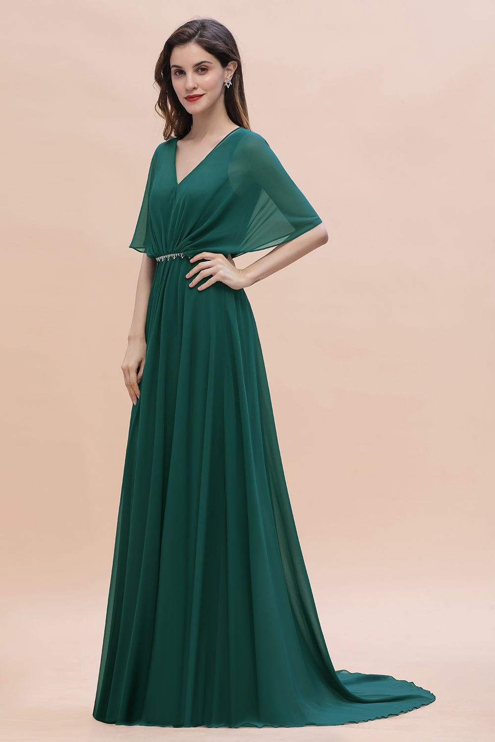 Gorgeous V-Neck Chiffon Ruffles Beading Bridesmaid Dresses with Half Sleeves