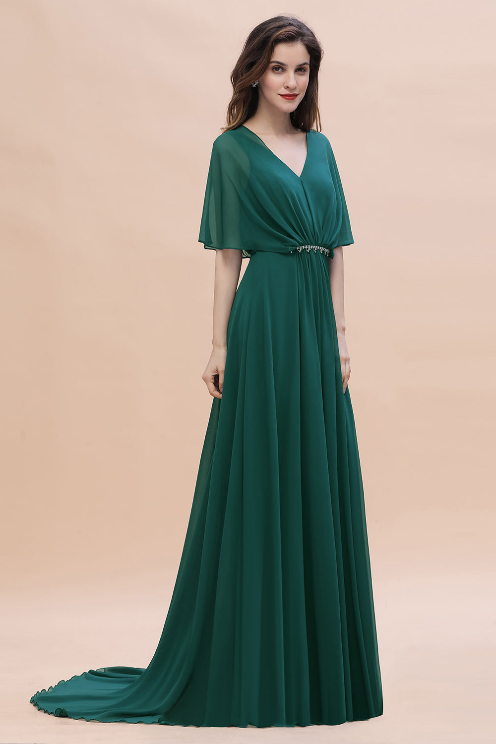 Gorgeous V-Neck Chiffon Ruffles Beading Bridesmaid Dresses with Half Sleeves