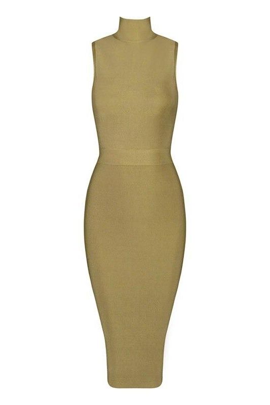 Woman wearing a figure flattering  Grace Bandage Midi Dress - Olive Green Bodycon Collection