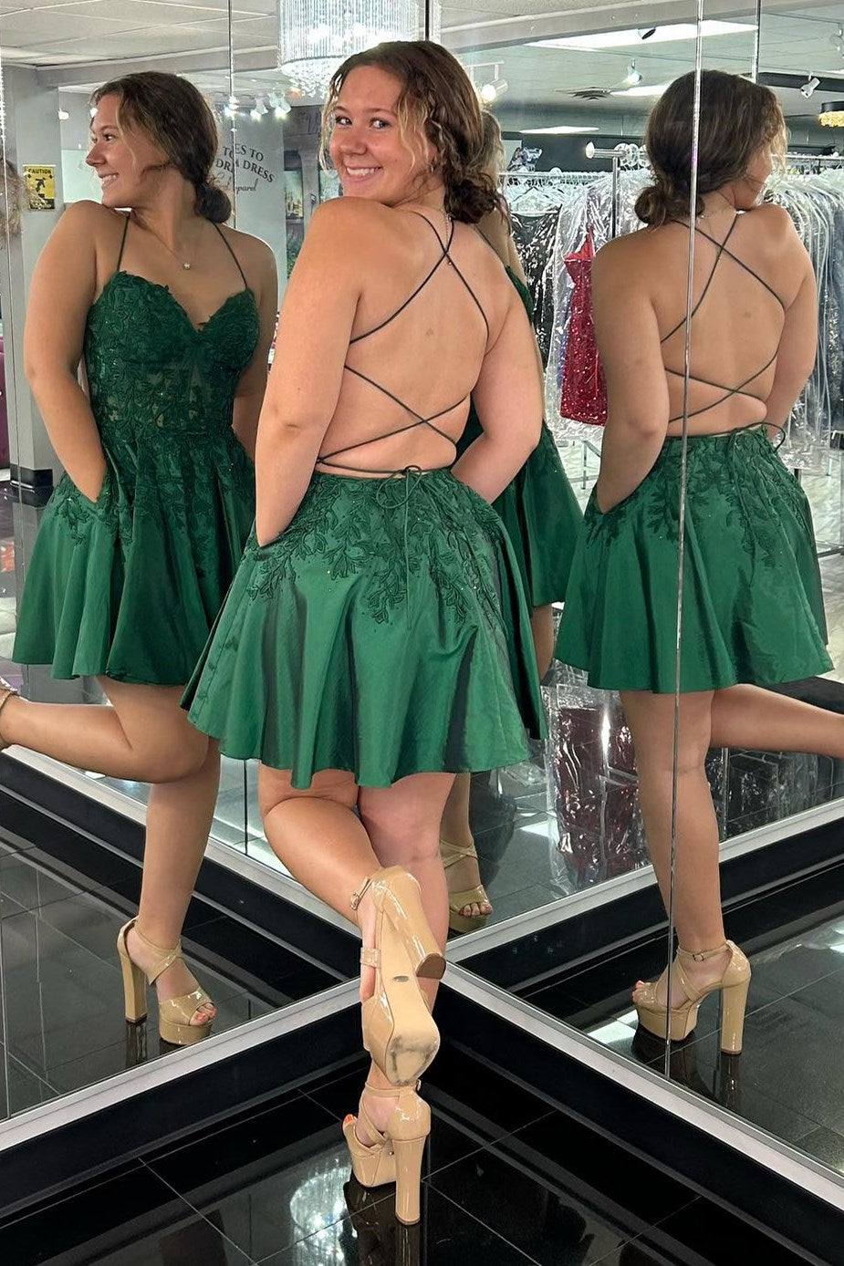 Green Appliqued Sweetheart Lace-Up A-Line Short Party Dress