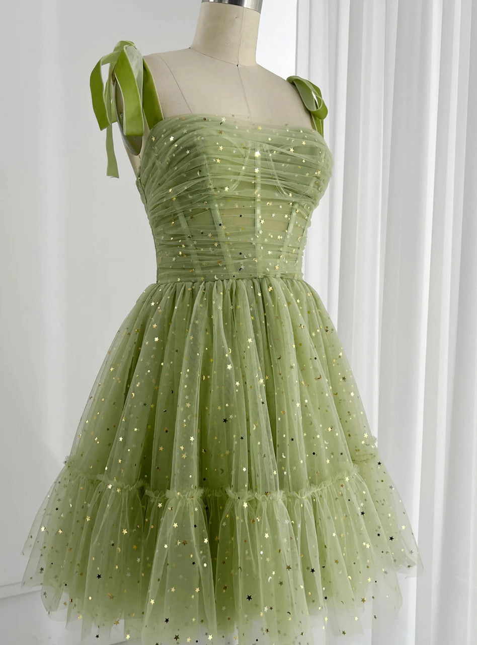 Green Tulle Sequined Spaghetti-Strap Pleated Homecoming Dress