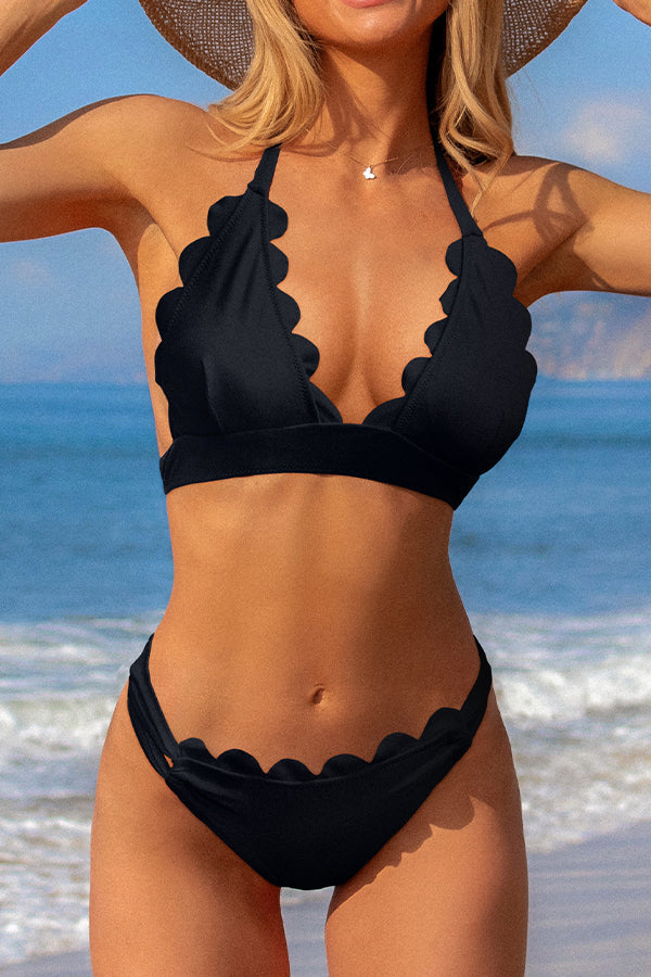 Fashion Solid Scalloped Patchwork Halter Neck Knot Bikini Set