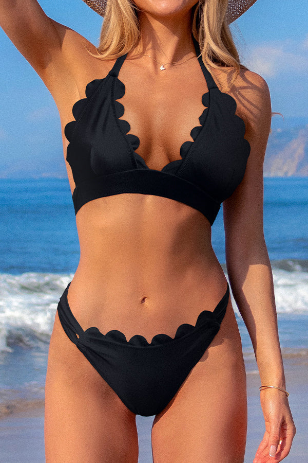 Fashion Solid Scalloped Patchwork Halter Neck Knot Bikini Set