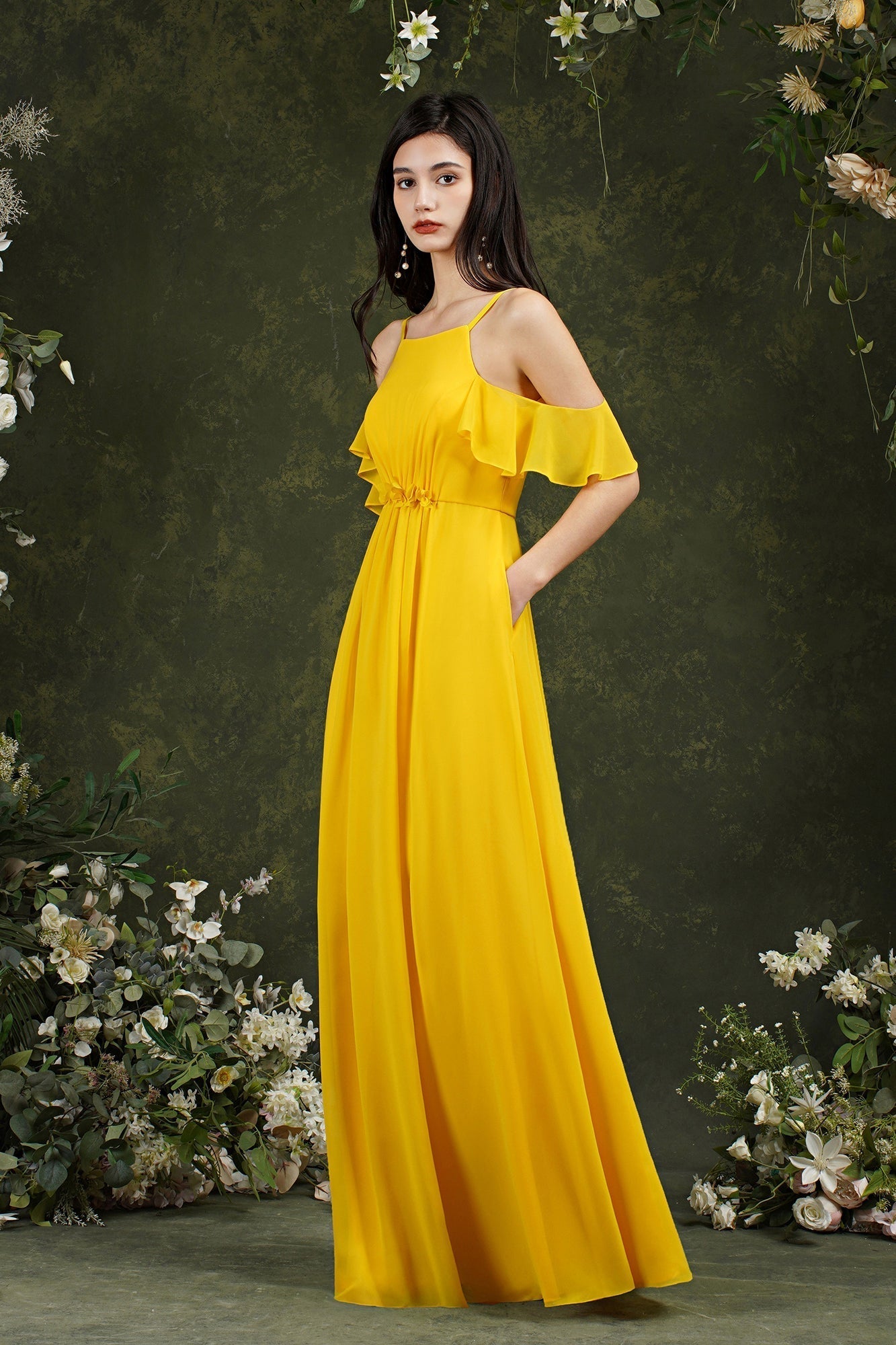 Halter Chiffon Bridesmaid Dresses Long WIth Ruffle