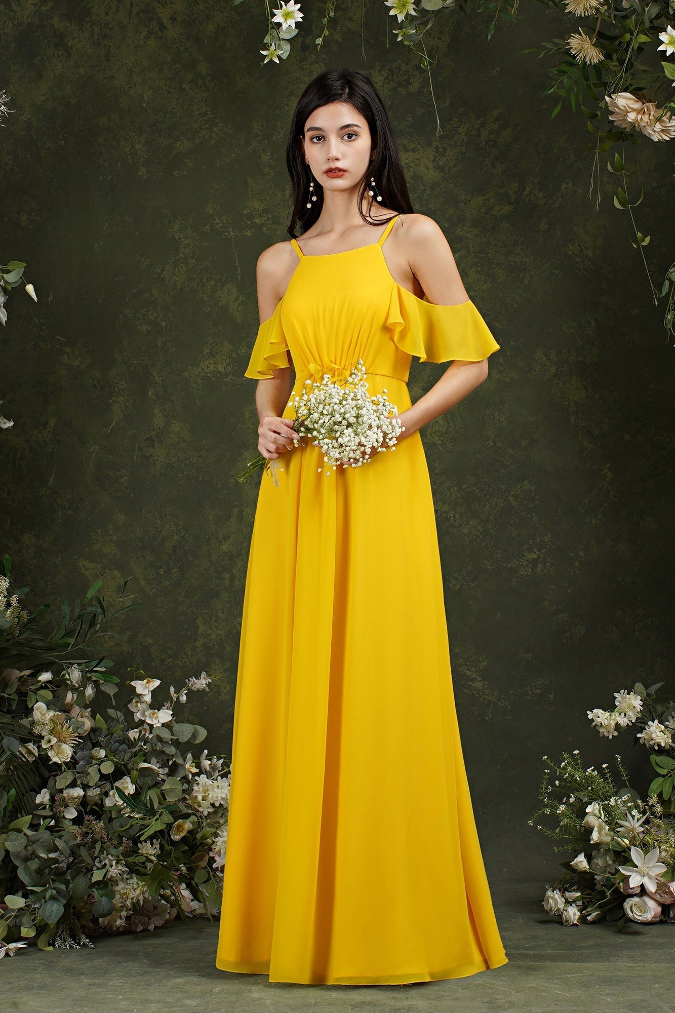 Halter Chiffon Bridesmaid Dresses Long WIth Ruffle