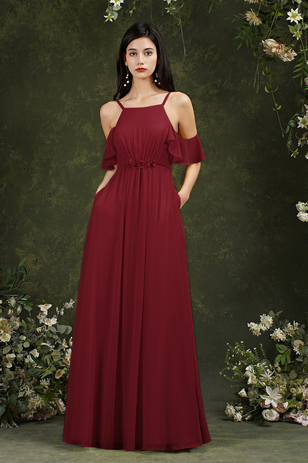 Halter Chiffon Bridesmaid Dresses Long WIth Ruffle