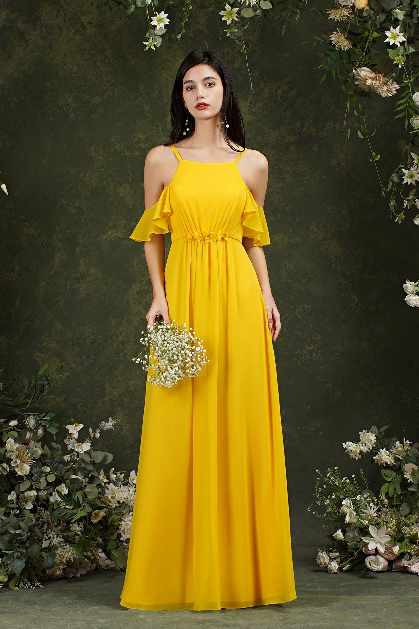 Halter Chiffon Bridesmaid Dresses Long WIth Ruffle