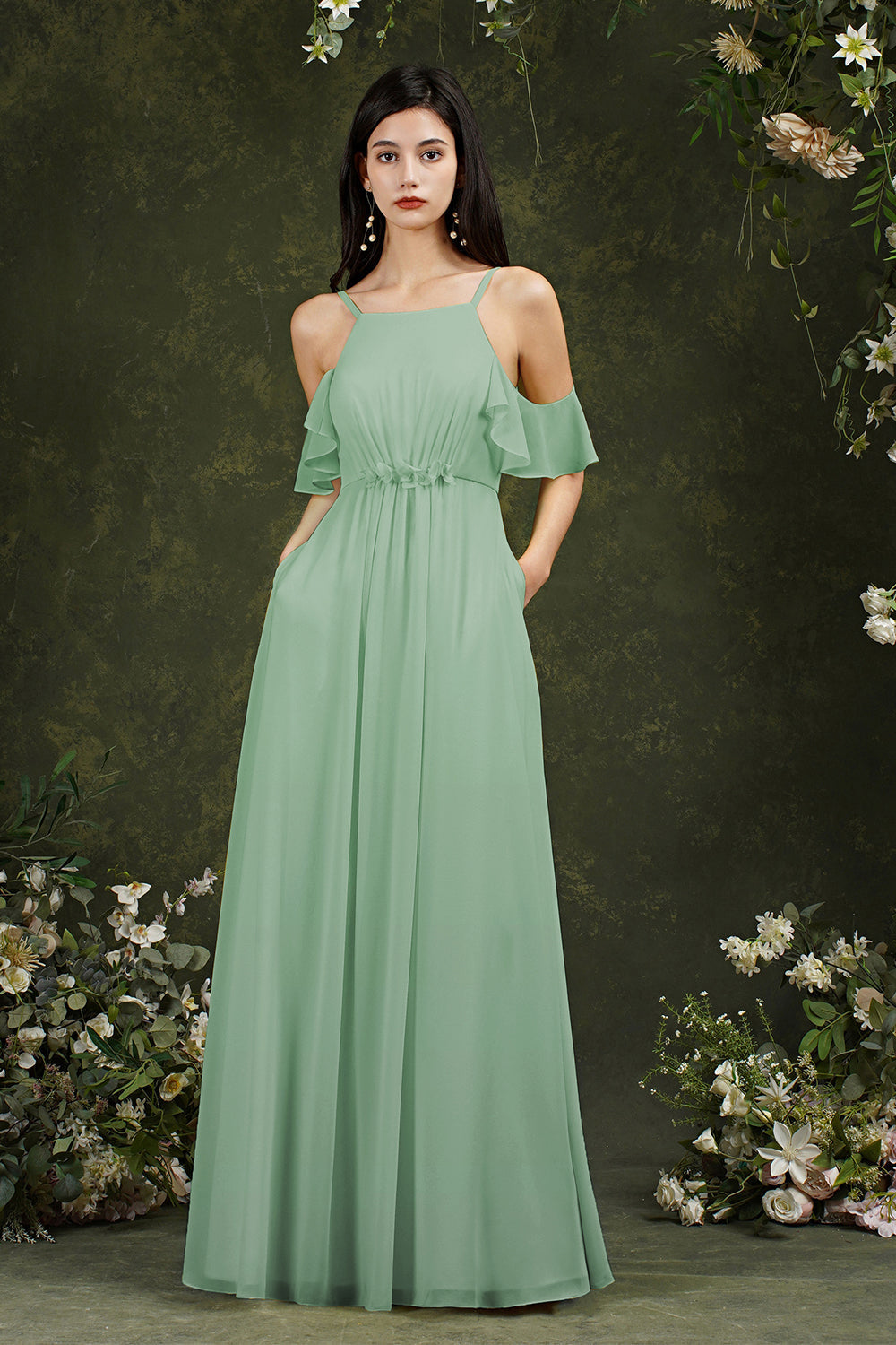 Halter Chiffon Bridesmaid Dresses Long WIth Ruffle