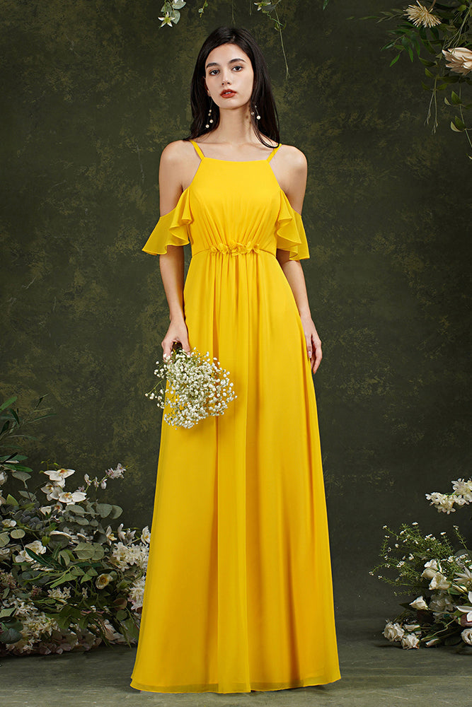 Halter Chiffon Bridesmaid Dresses Long WIth Ruffle