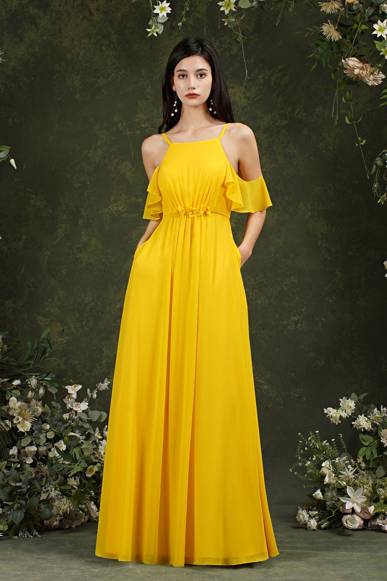 Halter Chiffon Bridesmaid Dresses Long WIth Ruffle