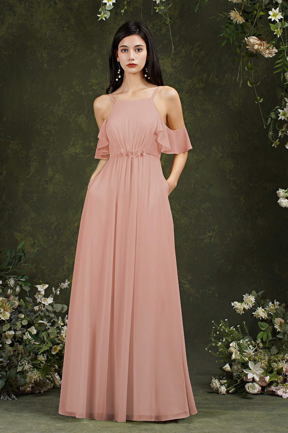 Halter Chiffon Bridesmaid Dresses Long WIth Ruffle