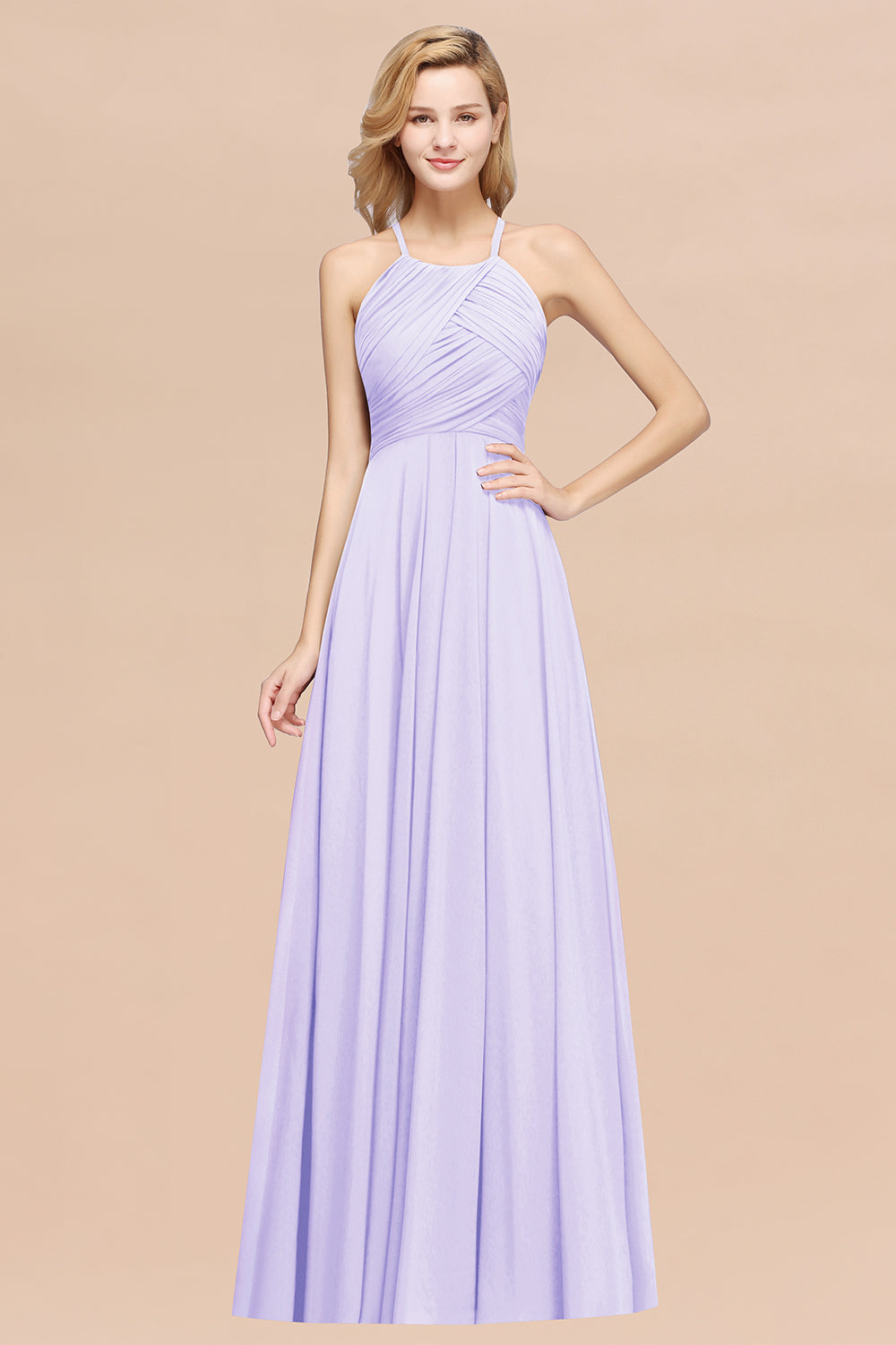 Halter Crisscross Pleated Bridesmaid Dresses Blue Chiffon Sleeveless Maid of Honor Dress