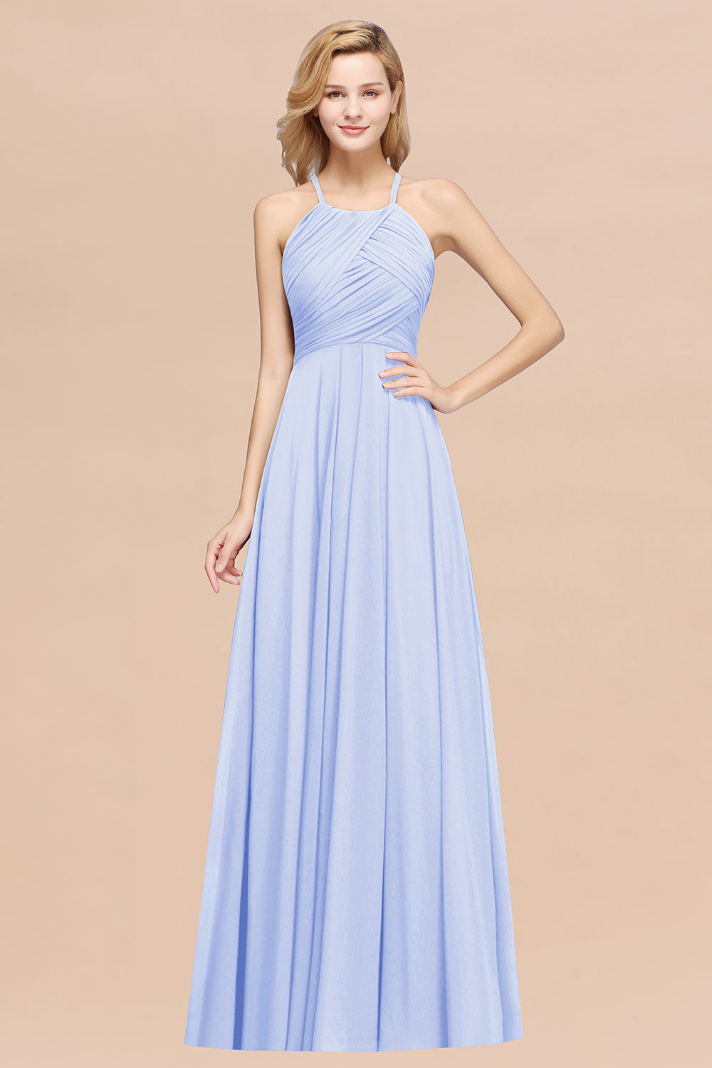 Halter Crisscross Pleated Bridesmaid Dresses Blue Chiffon Sleeveless Maid of Honor Dress