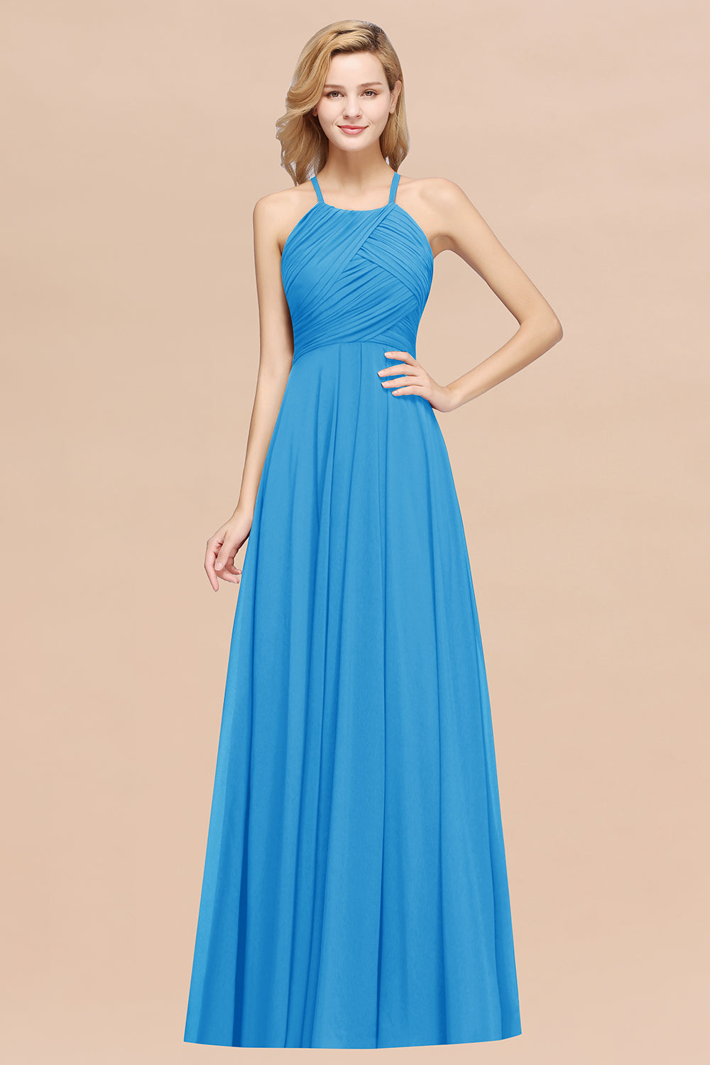 Halter Crisscross Pleated Bridesmaid Dresses Blue Chiffon Sleeveless Maid of Honor Dress