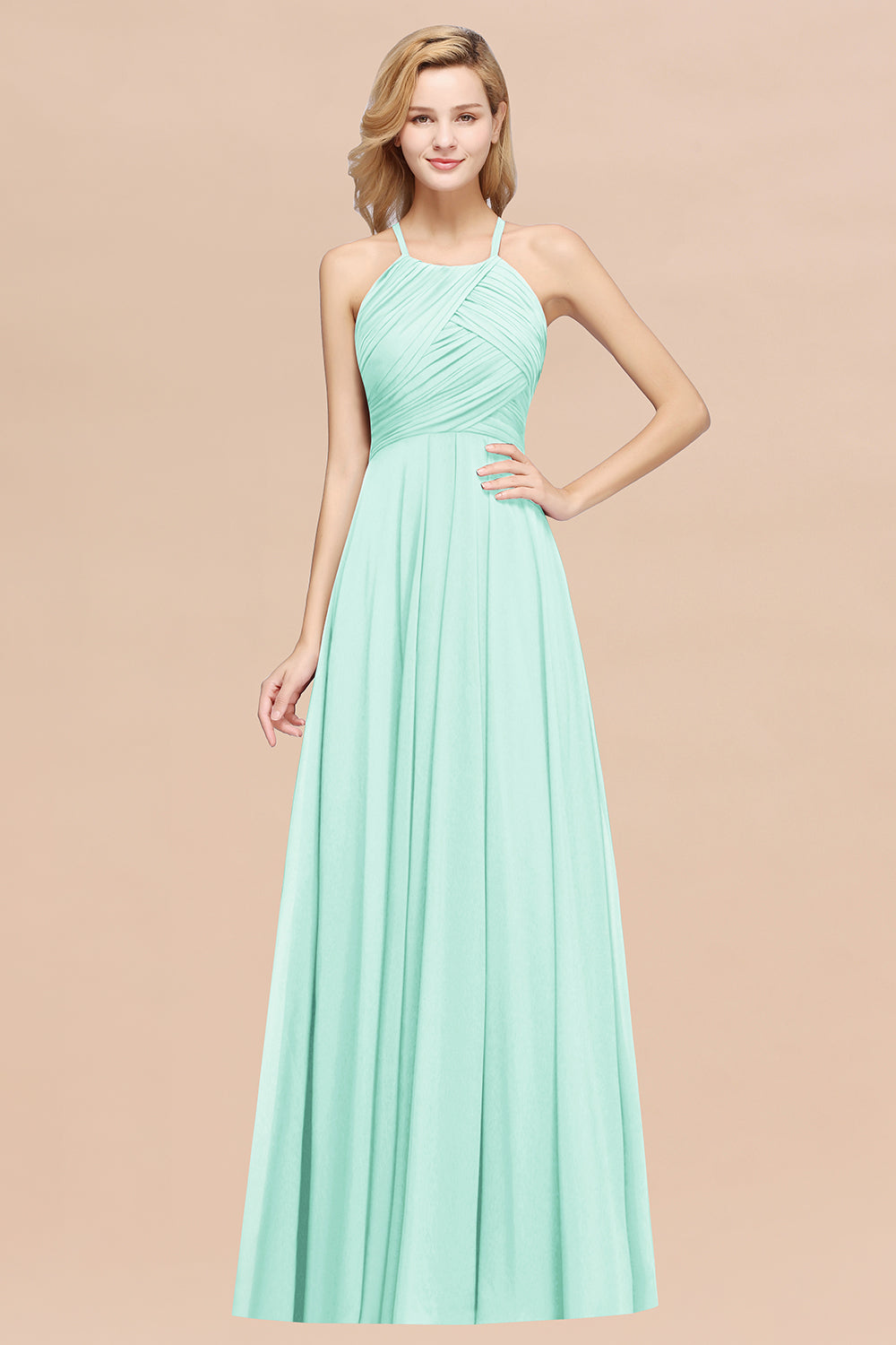 Halter Crisscross Pleated Bridesmaid Dresses Blue Chiffon Sleeveless Maid of Honor Dress