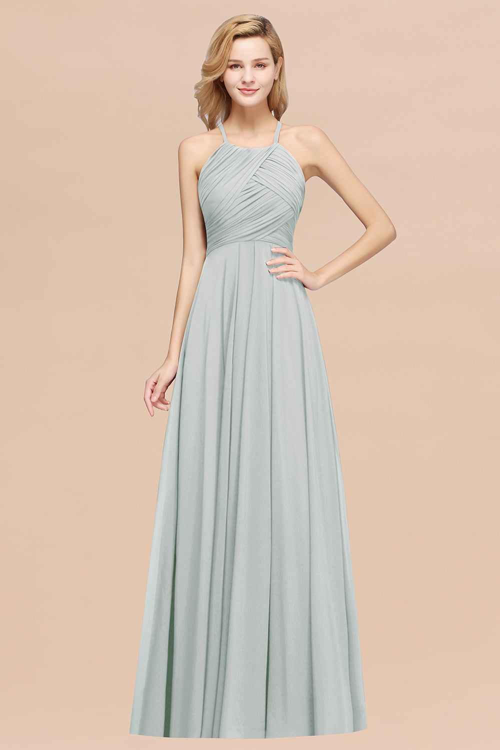 Halter Crisscross Pleated Bridesmaid Dresses Blue Chiffon Sleeveless Maid of Honor Dress