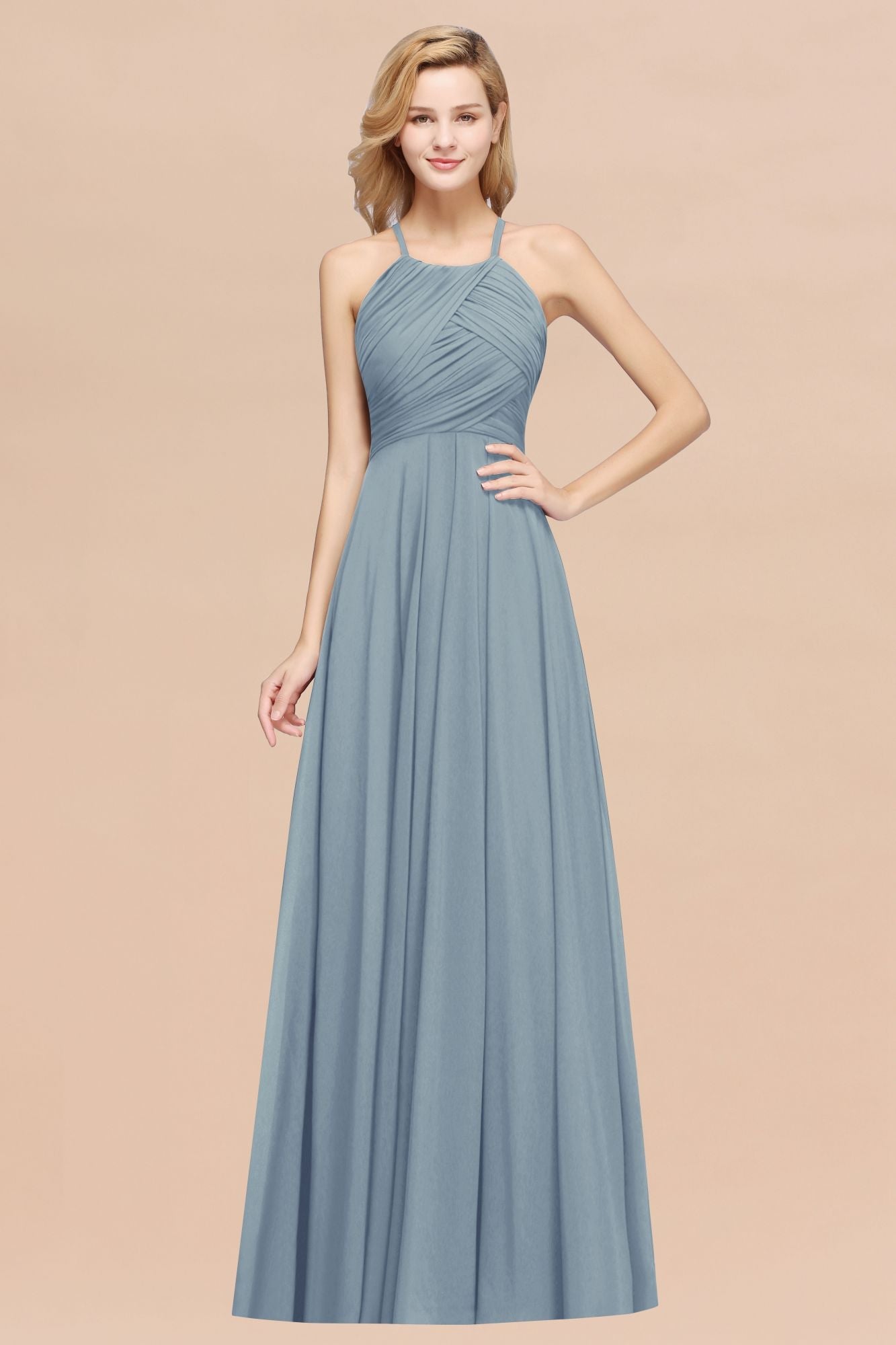 Halter Crisscross Pleated Bridesmaid Dresses Blue Chiffon Sleeveless Maid of Honor Dress