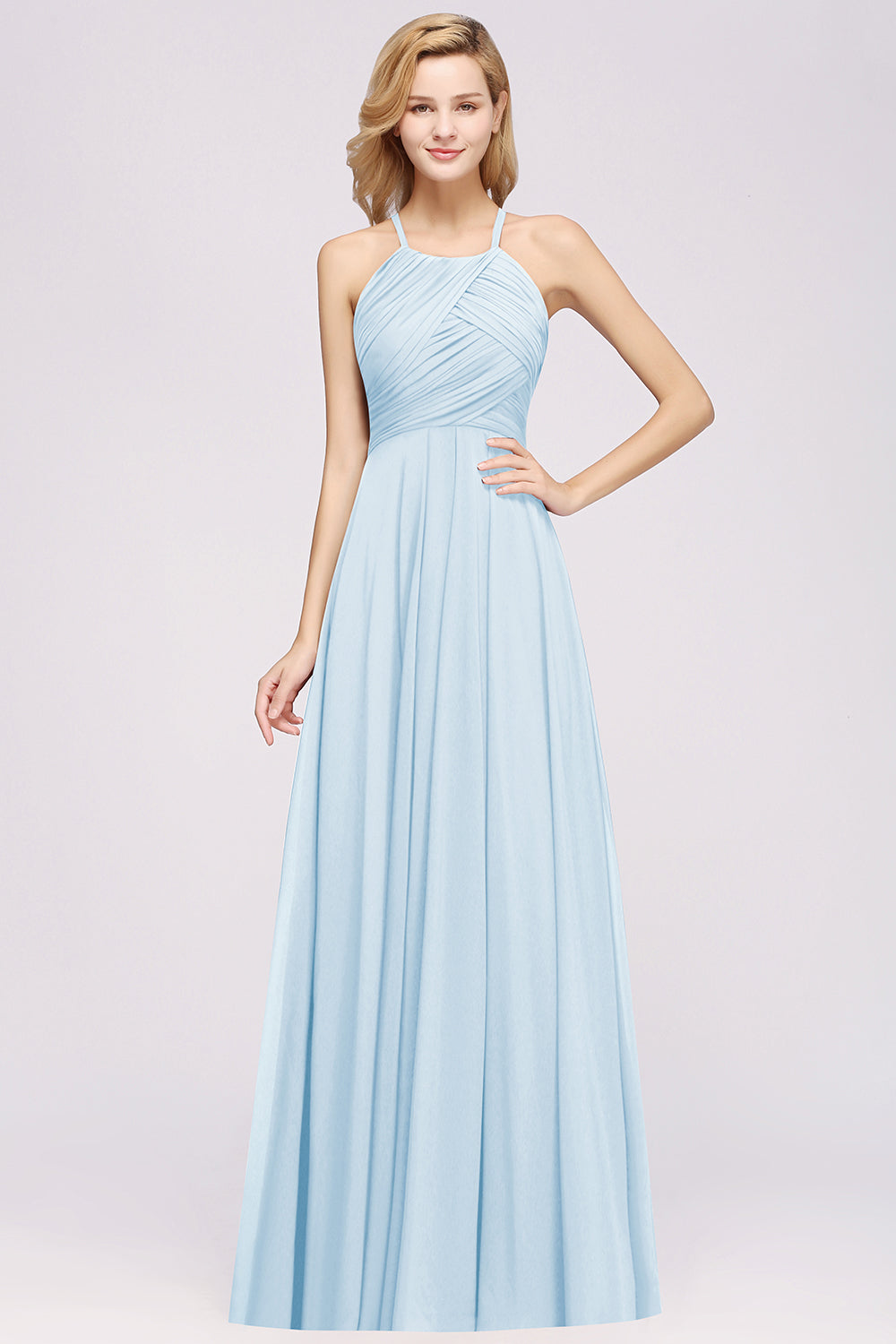 Halter Crisscross Pleated Bridesmaid Dresses Blue Chiffon Sleeveless Maid of Honor Dress