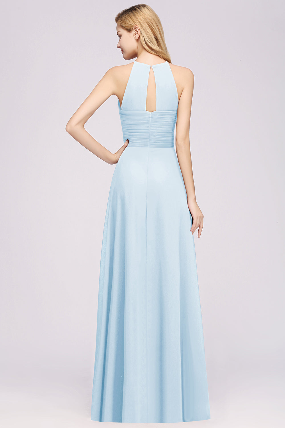 Halter Crisscross Pleated Bridesmaid Dresses Blue Chiffon Sleeveless Maid of Honor Dress