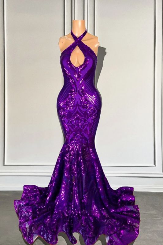 Halter Cross Shiny Sequined Purple Mermaid Prom Dress - Fashionpara