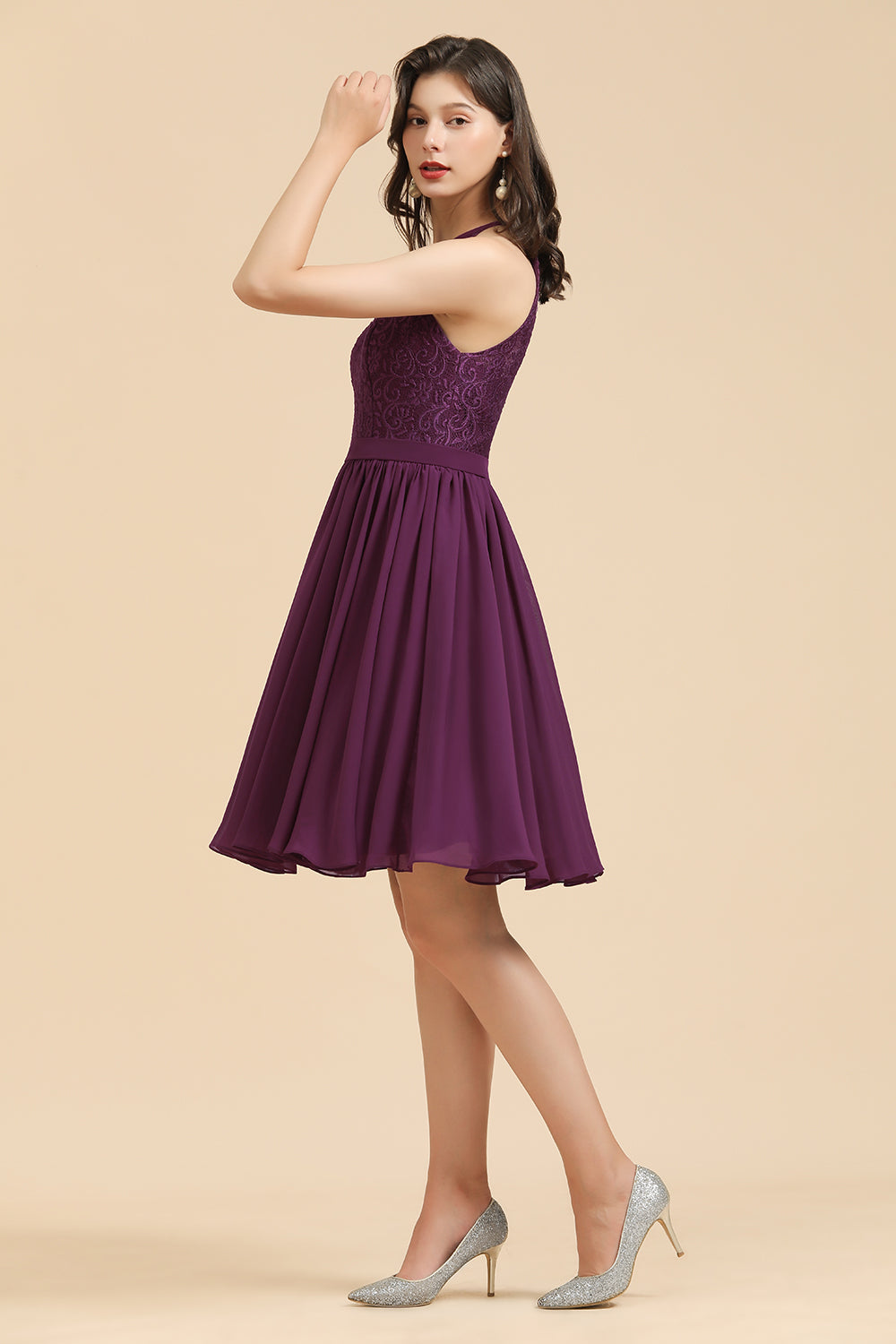 Halter Lace Bridesmaid Dresses  Chiffon Sleeveless Short Dress