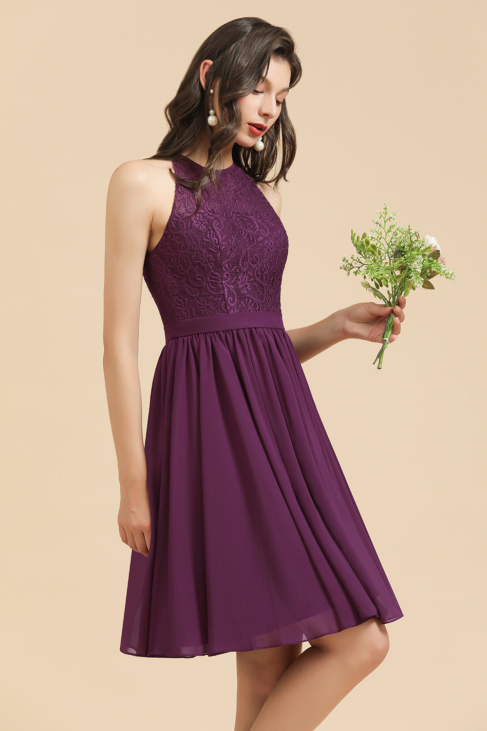 Halter Lace Bridesmaid Dresses  Chiffon Sleeveless Short Dress