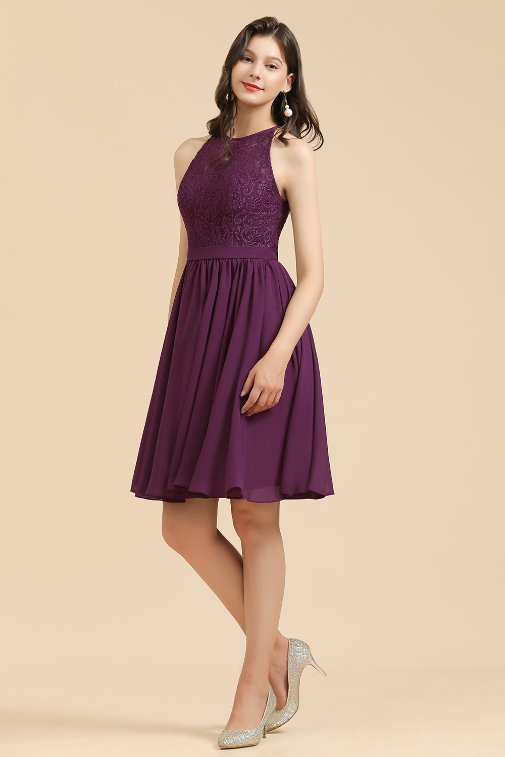 Halter Lace Bridesmaid Dresses  Chiffon Sleeveless Short Dress