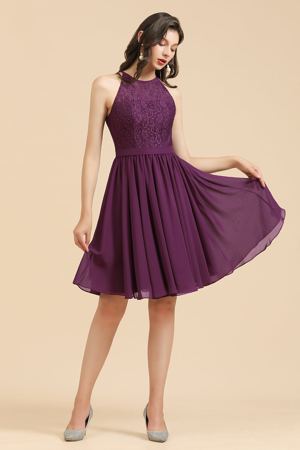 Halter Lace Bridesmaid Dresses  Chiffon Sleeveless Short Dress