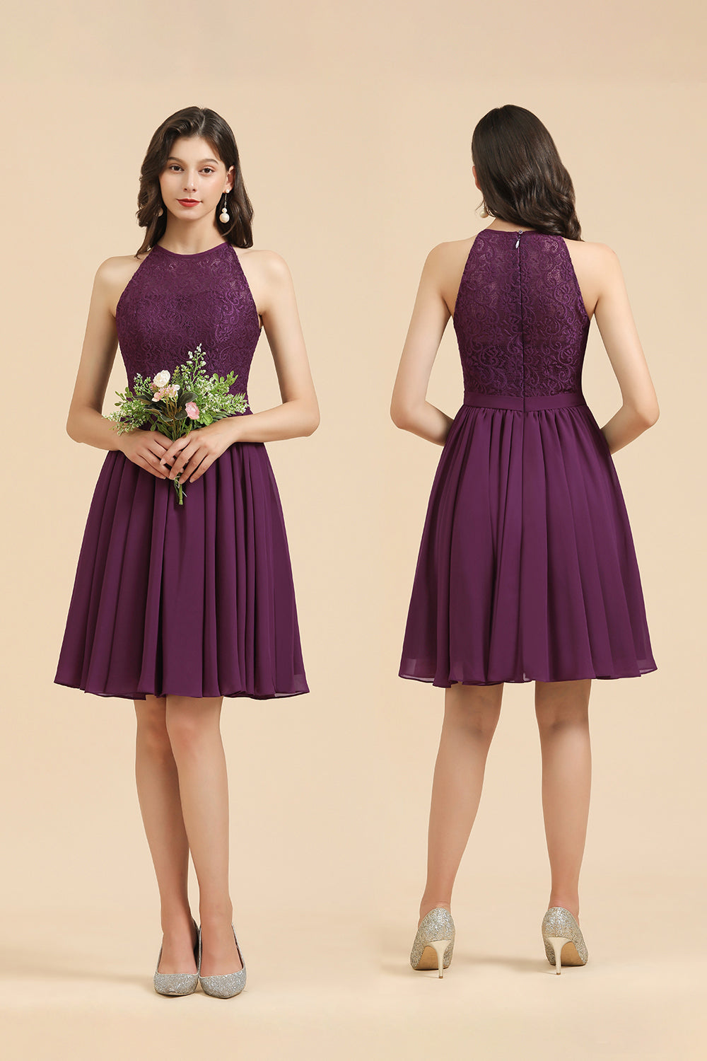 Halter Lace Bridesmaid Dresses  Chiffon Sleeveless Short Dress